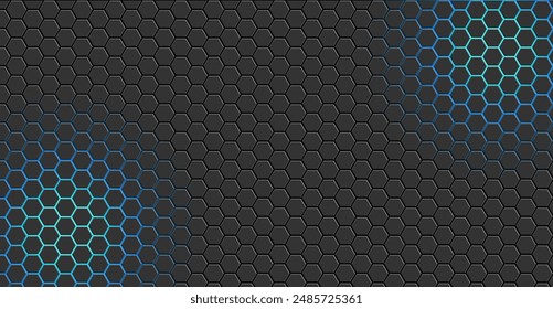 Abstract dark hexagon pattern on blue neon background technology style. Modern futuristic geometric shape 