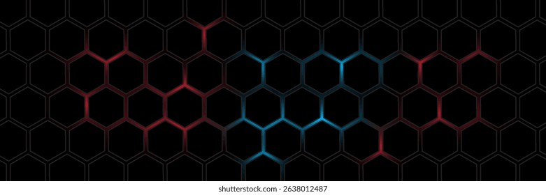Abstract dark hexagon pattern on red neon background technology style. Modern futuristic geometric shape web banner design. You can use for cover template, poster, flyer, print ad. Vector illustration