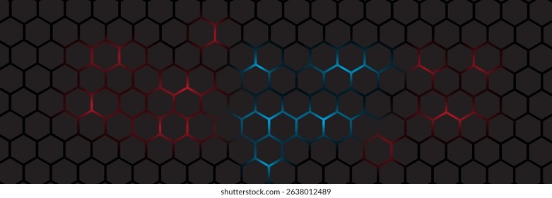 Abstract dark hexagon pattern on red neon background technology style. Modern futuristic geometric shape web banner design. You can use for cover template, poster, flyer, print ad. Vector illustration