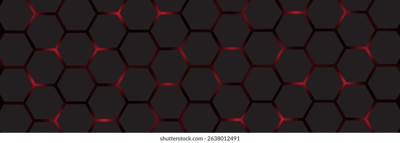 Abstract dark hexagon pattern on red neon background technology style. Modern futuristic geometric shape web banner design. You can use for cover template, poster, flyer, print ad. Vector illustration