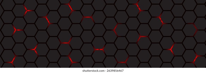 Abstract dark hexagon pattern on red neon background technology style. Modern futuristic geometric shape web banner design. You can use for cover template, poster, flyer, print ad. Vector illustration