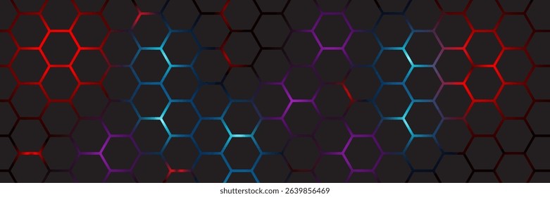 Abstract dark hexagon pattern on red neon background technology style. Modern futuristic geometric shape web banner design. You can use for cover template, poster, flyer, print ad. Vector illustration