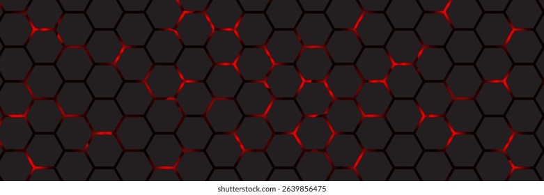 Abstract dark hexagon pattern on red neon background technology style. Modern futuristic geometric shape web banner design. You can use for cover template, poster, flyer, print ad. Vector illustration