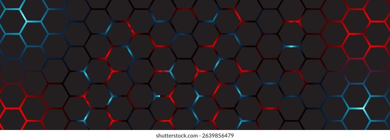 Abstract dark hexagon pattern on red neon background technology style. Modern futuristic geometric shape web banner design. You can use for cover template, poster, flyer, print ad. Vector illustration
