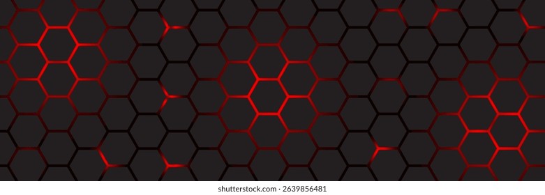 Abstract dark hexagon pattern on red neon background technology style. Modern futuristic geometric shape web banner design. You can use for cover template, poster, flyer, print ad. Vector illustration
