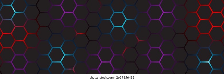 Abstract dark hexagon pattern on red neon background technology style. Modern futuristic geometric shape web banner design. You can use for cover template, poster, flyer, print ad. Vector illustration
