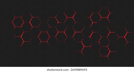 Abstraktes dunkles Hexagon-Muster auf rotem Neon-Hintergrund Technologie-Stil. Modernes, futuristisches, geometrisches Webbanner-Design.
