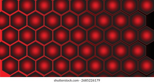 Abstract dark hexagon pattern on red neon background technology style. Modern futuristic honeycomb concept. You can use for cover template, print ad. Vector illustration