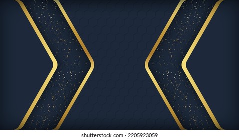 Abstract dark hexagon shape and golden glowing frame   shimmering glitters  Vector illustration 