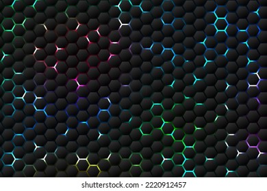 abstract dark hexagon technology backrgound with color light, vector illustration
