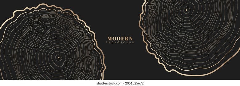 Abstract dark horizontal background with golden tree rings pattern. Modern simple wood rings texture creative design. Luxury and elegant style template. Vector illustration