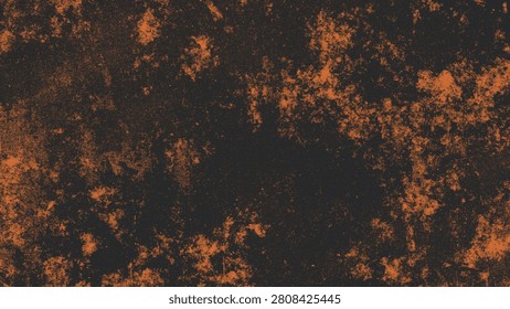 Abstract dark industrial grunge background with heavy orange rust scratches and distressed metallic copper texture overlay for creative graphic design layouts.