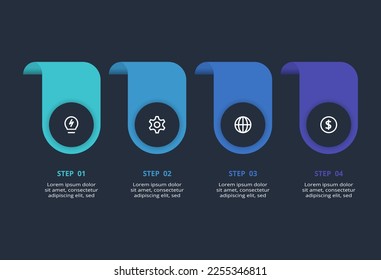 Resumen de infografía oscura con 4 elementos plantilla para web sobre fondo negro, presentación de negocios
