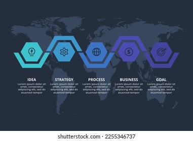 Abstract dark infographic with 5 elements template for web on a black background, business presentation