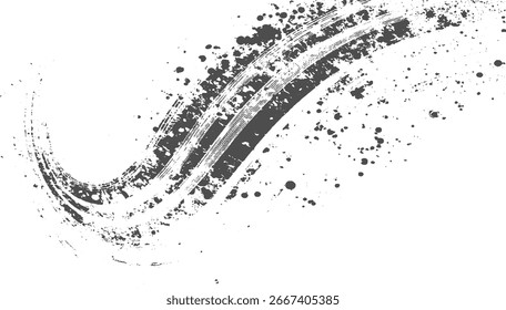Abstract dark ink brush strokes and splatters on a white background.