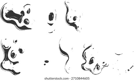 Abstrato formas de tinta escura e bolhas espalhadas sobre um fundo branco.