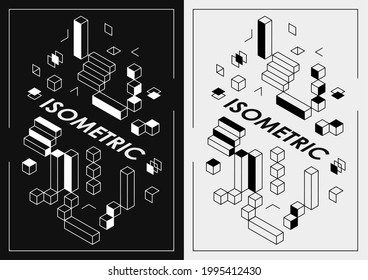 Abstract dark isometric posters for Web Design, Print, Presentation. Geometric shape layout poster design template.