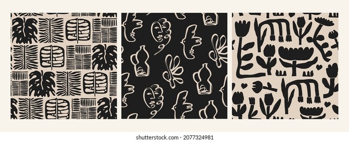 Abstract dark leaves, flowers, birds, faces. Modern design. Hand drawn trendy Vector illustration. Floral concept, Naive art. Set of three Square seamless Patterns. Poster, print, wallpaper templates