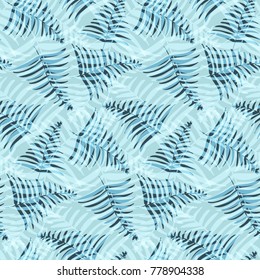 Abstract dark and light blue tropical leaves seamless pattern. Nice trendy vector exotic leaves texture for textile, wrapping paper, background, surface, cover, web design