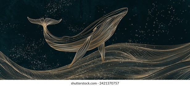 Abstract dark luxury art background with a whale on the waves in golden line art style. Hand drawn vector banner for decoration, print, wallpaper, packaging, textile, interior design, poster