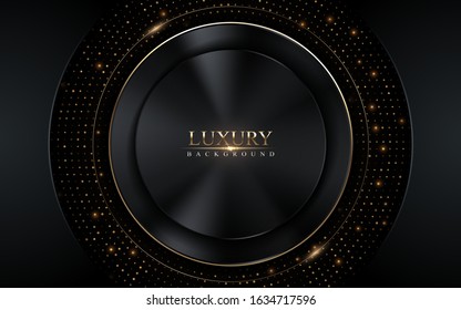 Abstract dark luxury with gold glowing lines and circle dots background design. Textured overlap layer background