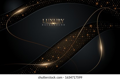 Abstract dark luxury with gold glowing lines and circle dots background design. Textured overlap layer background