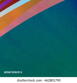Abstract dark malachite green vector background with geometric stripes in orange, pink and  grey colors
