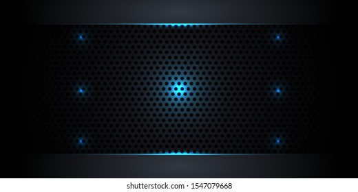 Abstract dark metal background with neon lights and luminous lines. Carbon fiber texture. Vector illustration EPS10.