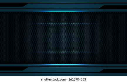 Abstract dark metallic blue light on black hexagon mesh pattern design modern futuristic technology background vector illustration.