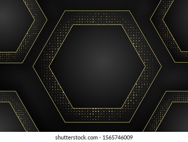 Abstract dark metallic overlap background. Luxury bright blue lines modern futuristic background. Technology design template. Texture with gold glitters dots element decoration.