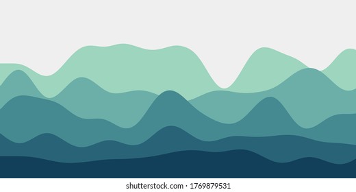 Abstract dark mint hills with colorful waves, modern and scenic outdoor illustration.