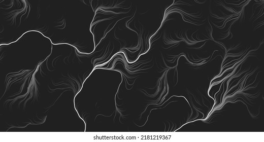 Resumen Diseño de fondo geométrico de estilo moderno oscuro, patrón de líneas curvadas intermitentes en 3D negro y blanco - Arte de línea digital oscuro, plantilla en formato de vector modificable