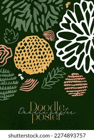Abstract Dark Naive Doodle Poster. Vector Illustration of Trendy Scandinavian Design. Colorful Background.
