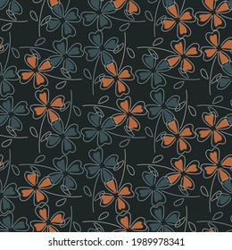 Abstract dark nature seamless pattern with outline blue and orange clover leaves print. Black background. Graphic design for wrapping paper and fabric textures. Vector Illustration.