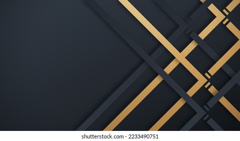 Abstract Dark Navy 3D Background with Gold and Black Lines Paper Cut Style Textured. Usable for Decorative web layout, Poster, Banner, Corporate Brochure and Seminar Template Design