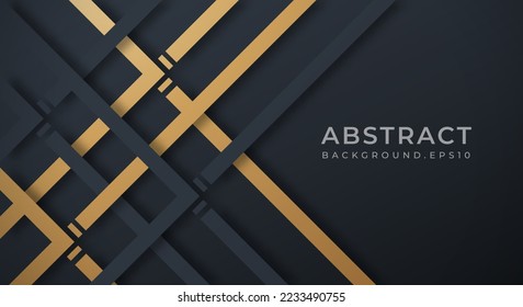 Abstract Dark Navy 3D Background with Gold and Black Lines Paper Cut Style Textured. Usable for Decorative web layout, Poster, Banner, Corporate Brochure and Seminar Template Design