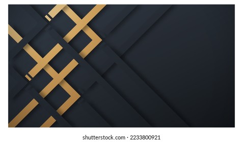 Abstract Dark Navy 3D Background with Gold and Black Lines Paper Cut Style Textured. Usable for Decorative web layout, Poster, Banner, Corporate Brochure and Seminar Template Design