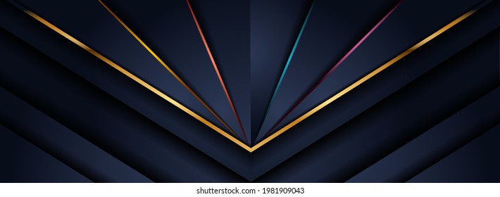Abstract Dark Navy Background with Overlap Textured Layer and Colorful Shinny Lines Combination.