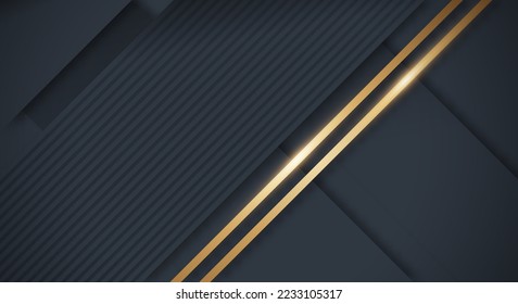 Abstract Dark Navy Black Background with Golden Lines Luxury Strings. Geometric Backdrop with Textured Paper Layers for Business Presentation Template