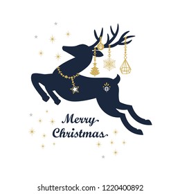 Abstract dark navy blue and golden silhouette jumping reindeer with cute hanging holiday ornaments and Merry Christmas star message decoration on white background