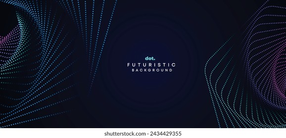 Abstract Dark Navy Blue Green Gradient Waving Circles Flowing Dot Technology Banner Background. Purple Pink Gradient Glowing Dotted Wave Digital Futuristic Diagonal Banner for Cover, Website, Header