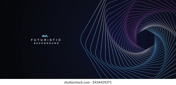Abstract Dark Navy Blue Green Gradient Waving Circles Flowing Dot Technology Banner Background. Purple Pink Gradient Glowing Dotted Wave Digital Futuristic Diagonal Banner for Cover, Website, Header