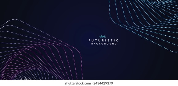 Abstract Dark Navy Blue Green Gradient Waving Circles Flowing Dot Technology Banner Background. Purple Pink Gradient Glowing Dotted Wave Digital Futuristic Diagonal Banner for Cover, Website, Header