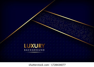 Resumen capas de solapamiento azul marino oscuro con línea dorada, malla circular Textura con brillo plateado y dorado puntos de decoración de elementos. Vector EPS10
