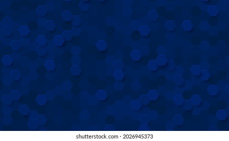 Abstract dark navy blue seamless hexagon pattern 3D background. Minimal geometric shape futuristic design. You can use for cover banner template, poster, flyer, print ad. Vector illustration