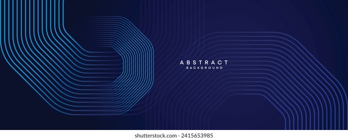 Abstract Dark Navy Blue Waving circles lines Technology Background. Modern gradient with glowing lines shiny geometric shape and diagonal, for brochure, cover, poster, banner, website, header