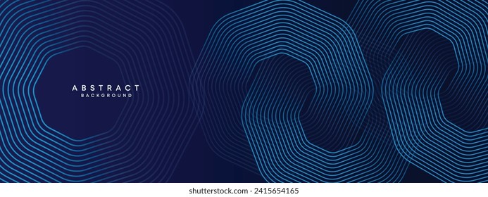 Abstract Dark Navy Blue Waving circles lines Technology Background. Modern gradient with glowing lines shiny geometric shape and diagonal, for brochure, cover, poster, banner, website, header