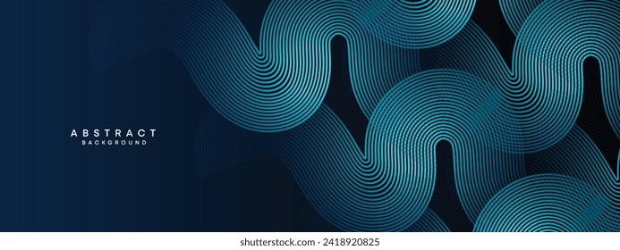 Abstract Dark Navy Blue Waving circles lines Technology Background. Modern Blue gradient with glowing lines shiny geometric shape and diagonal, for brochure, cover, poster, banner, website, header