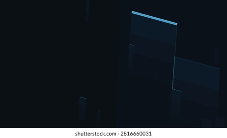 Abstract dark navy geometric technology background with layered rectangular panels and subtle glowing cyan edge accents