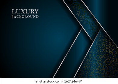 Abstract dark navy overlap with glitters dots and golden line modern luxury futuristic technology background vector illustration.